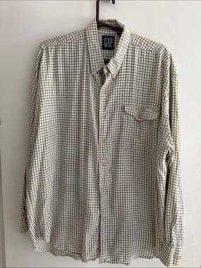 GAP Men's Cream Button-Down Shirt with Navy Grid